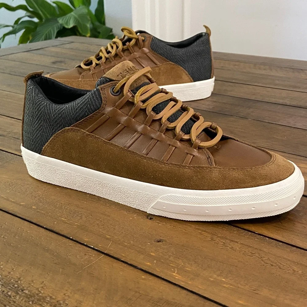 Tsubo Mens Brown Leather Suede Herringbone Low Top Sneakers Size 9
